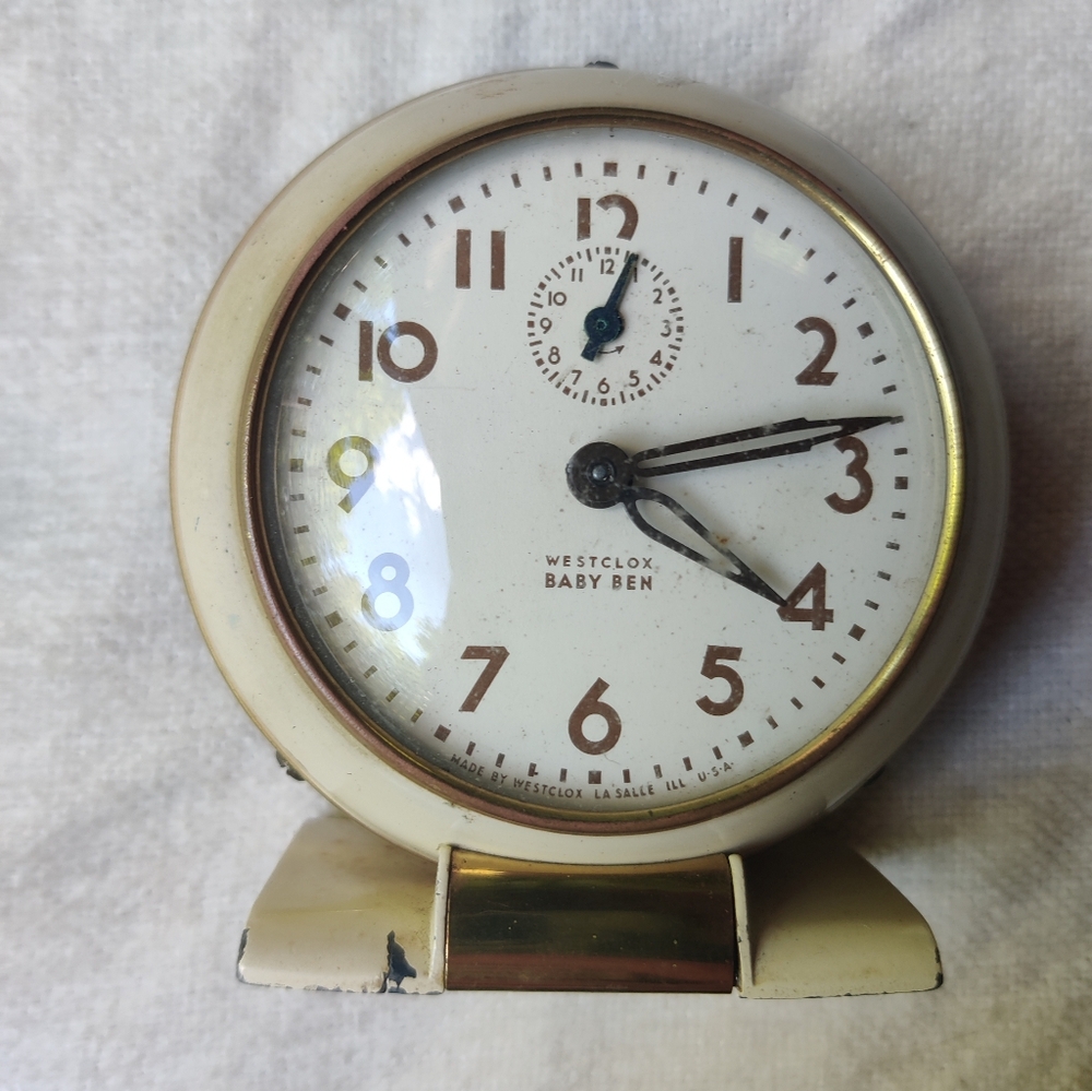 40s Westclox Baby Ben Alarm Clock Wind Up Travel White Gold MCM Round Works READ